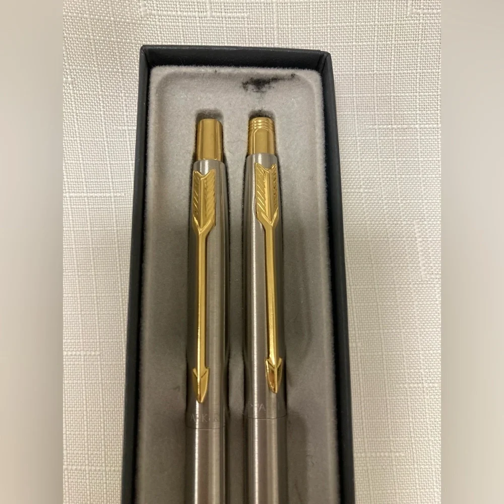 Vintage Parker Pen Pencil Set Stainless Steel Gold Trim Brass Refillable Classic